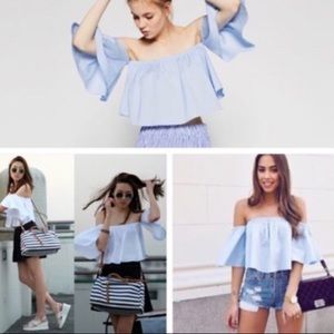 Zara off shoulder pale blue poplin shirt